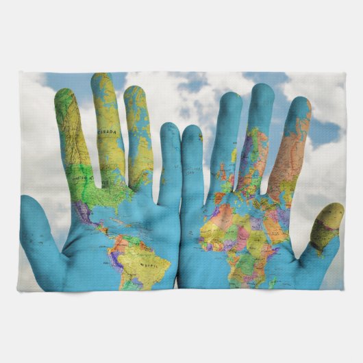 Farbenfrohe bemalte Weltkarte in Handarbeit, Art F Küchentuch (Horizontal)