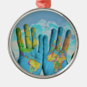 Farbenfrohe bemalte Weltkarte in Handarbeit, Art F Silbernes Ornament (Vorne)