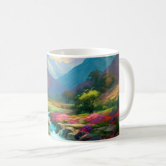 Farbenfrohe Berglandschaft, Blume und River Poster Kaffeetasse (VorderseiteRechts)