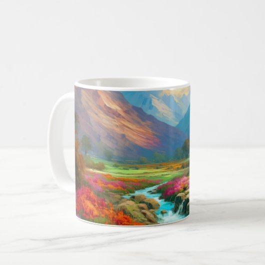 Farbenfrohe Berglandschaft, Blume und River Poster Kaffeetasse (Vorderseite Links)