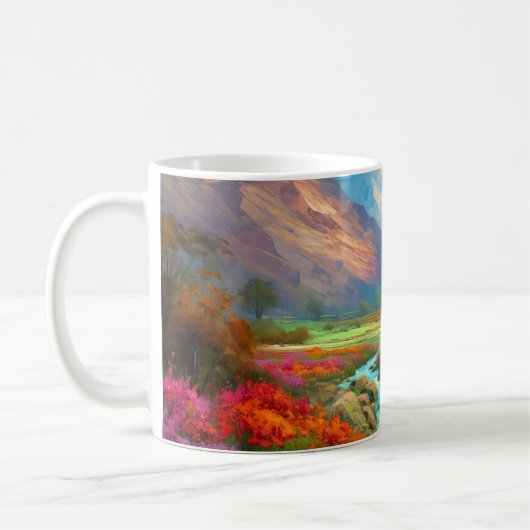Farbenfrohe Berglandschaft, Blume und River Poster Kaffeetasse (Links)