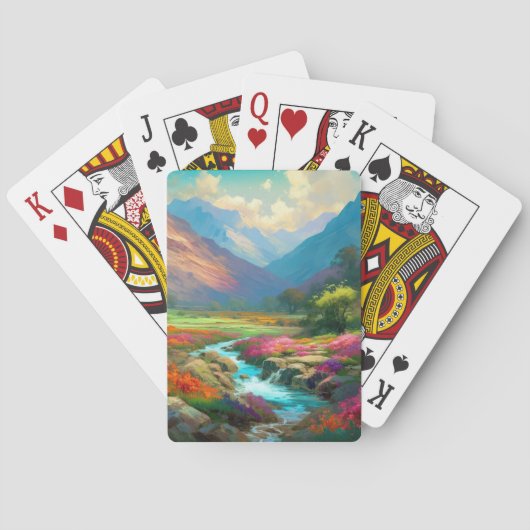 Farbenfrohe Berglandschaft, Blume und River Poster Spielkarten (Rückseite)