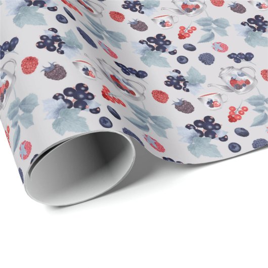 Farbenfrohe Berries, Teeköpfe und Cups auf Grau Geschenkpapier (Rolleneckpunkt)