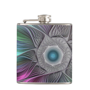 Farbenfrohe Big Blume Abstrakte Trippy Fraktal Art Flachmann