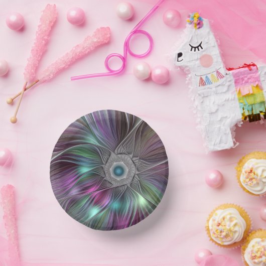 Farbenfrohe Big Blume Abstrakte Trippy Fraktal Art Pappteller (Party)