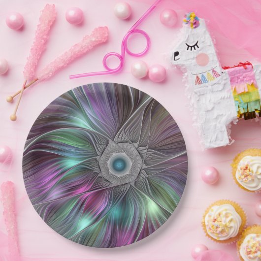 Farbenfrohe Big Blume Abstrakte Trippy Fraktal Art Pappteller (Party)