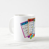 Farbenfrohe Bingo-Spielkarten mit Chips Kaffeetasse (Vorderseite Links)