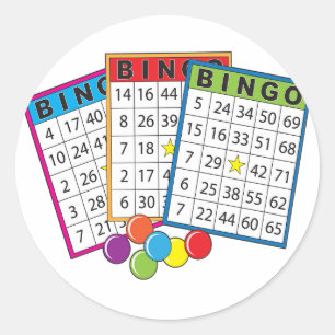 Farbenfrohe Bingo-Spielkarten mit Chips Runder Aufkleber