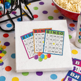 Farbenfrohe Bingo-Spielkarten mit Chips Serviette