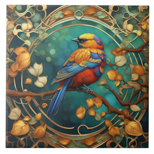 Farbenfrohe Bird Art Nouveau Art Deco Fliese (Vorderseite)
