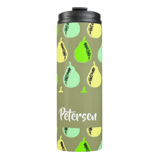 Farbenfrohe Birnen auf grün Thermosbecher (Vorderseite)