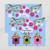 Farbenfrohe Birthäuser und Vogelhaus-Party Einladung (Vorne/Hinten)