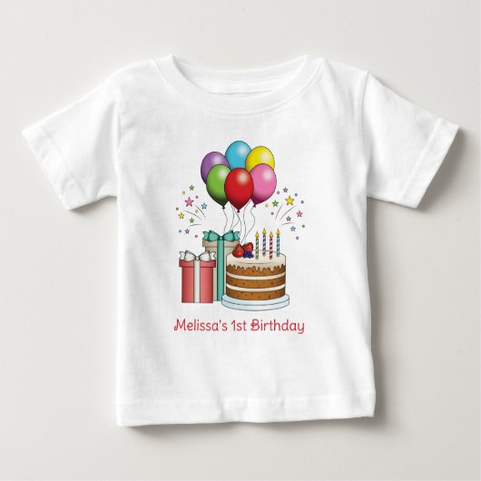 Farbenfrohe Birthday Balloons mit Kuchen und Gesch Baby T-shirt (Vorderseite)