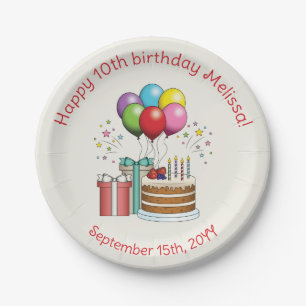 Farbenfrohe Birthday Balloons mit Kuchen und Gesch Pappteller