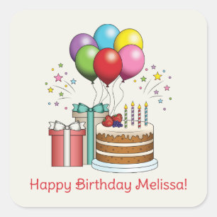 Farbenfrohe Birthday Balloons mit Kuchen und Gesch Quadratischer Aufkleber