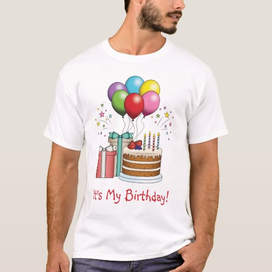 Farbenfrohe Birthday Balloons mit Kuchen und Gesch T-Shirt (Vorderseite)