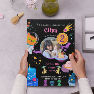 Farbenfrohe Black Space ThemenGeburtstagsparty Einladung