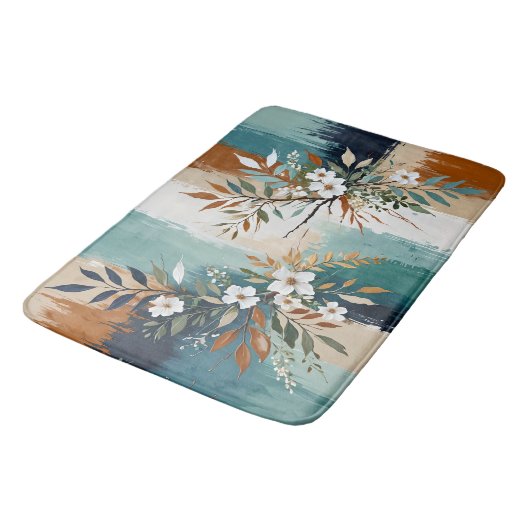 Farbenfrohe Blätter BlütenAbstrakt Aquamarin Blaue Badematte (Schrägansicht)