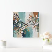 Farbenfrohe Blätter BlütenAbstrakt Aquamarin Blaue Quadratische Wanduhr (Zuhause)