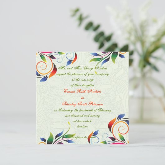 Farbenfrohe Blätter, helle Limone Hochzeitseinladu Einladung (Stehend Vorderseite)