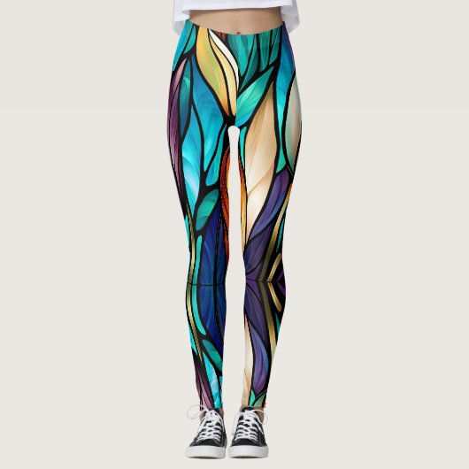 Farbenfrohe Blätter in Buntglas-Optik Leggings (Vorderseite)