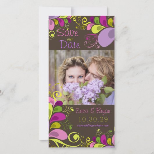 Farbenfrohe Blätter mit Blumenmuster Save the Date (Vorderseite)