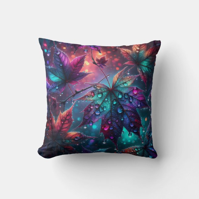 "Farbenfrohe Blätter mit Raindrops" Kissen (Vorderseite)