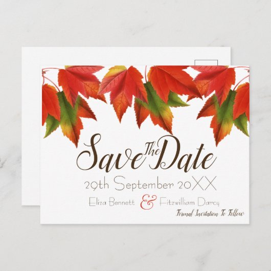 Farbenfrohe Blätter Save the Date Postkarte (Vorne/Hinten)