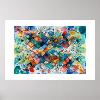 Farbenfrohe Blaue Diamant Abstrakte Doodle Art Poster