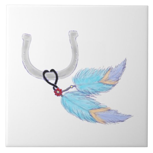 Farbenfrohe blaue Federn Horseshoe Tile Fliese (Vorderseite)