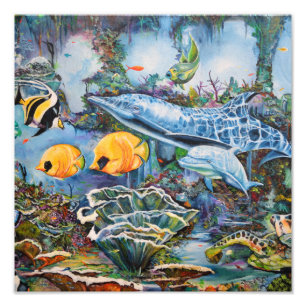 Farbenfrohe blaue, gelbe Meerestiere Fotodruck