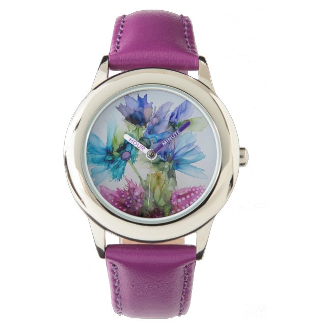 Farbenfrohe blaue Lila rosa grüne Blumenkunst Armbanduhr (Vorderseite)