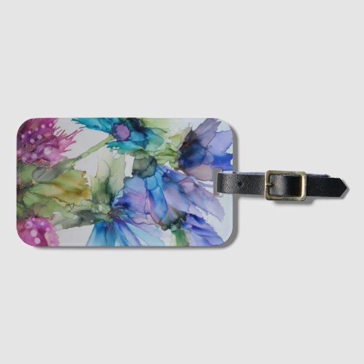 Farbenfrohe blaue Lila rosa grüne Blumenkunst Gepäckanhänger (Vorderseite (Horizontal))