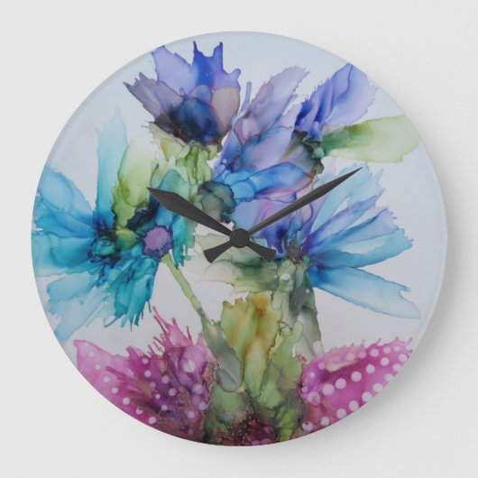 Farbenfrohe blaue Lila rosa grüne Blumenkunst Große Wanduhr (Vorderseite)