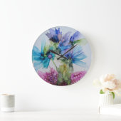 Farbenfrohe blaue Lila rosa grüne Blumenkunst Große Wanduhr (Zuhause)