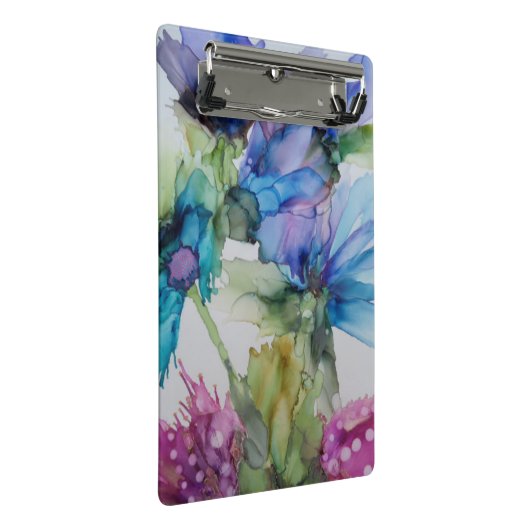 Farbenfrohe blaue Lila rosa grüne Blumenkunst Mini Klemmbrett (Schrägansicht)