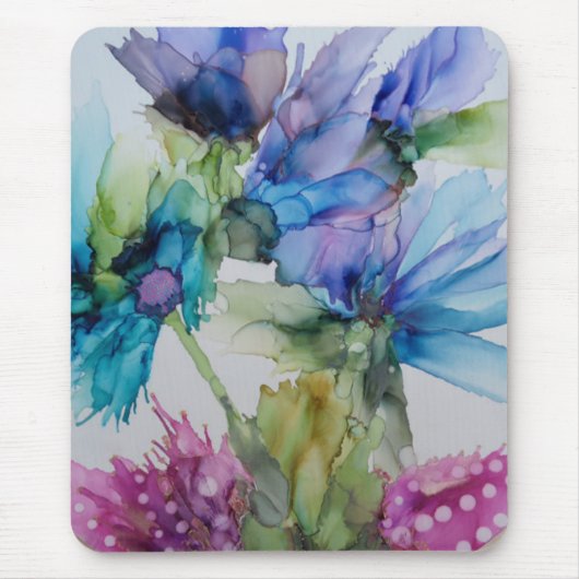 Farbenfrohe blaue Lila rosa grüne Blumenkunst Mousepad (Vorne)