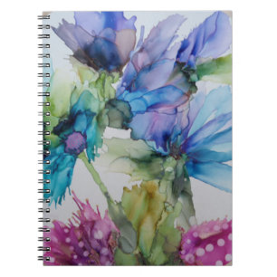 Farbenfrohe blaue Lila rosa grüne Blumenkunst Notizblock