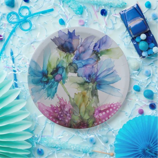 Farbenfrohe blaue Lila rosa grüne Blumenkunst Pappteller (Party)