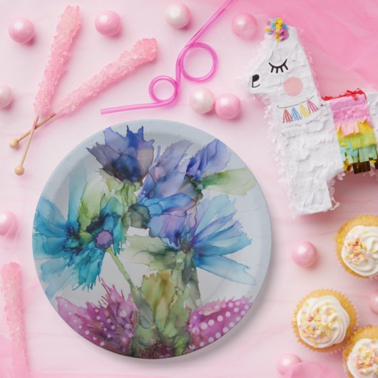 Farbenfrohe blaue Lila rosa grüne Blumenkunst Pappteller (Party)