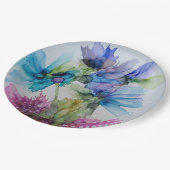 Farbenfrohe blaue Lila rosa grüne Blumenkunst Pappteller (Schrägansicht)