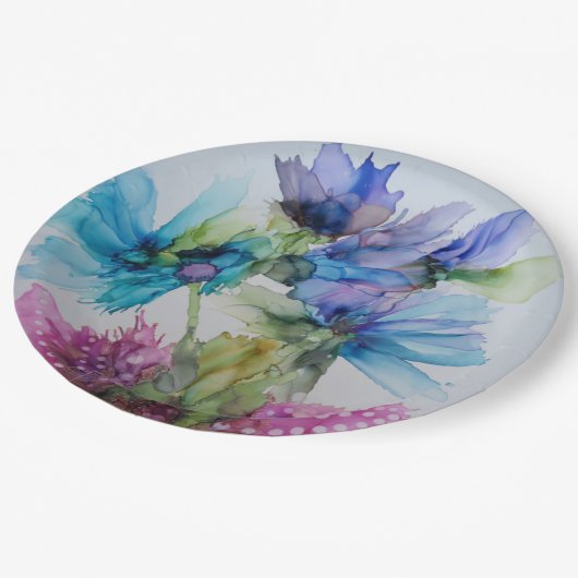 Farbenfrohe blaue Lila rosa grüne Blumenkunst Pappteller (Schrägansicht)