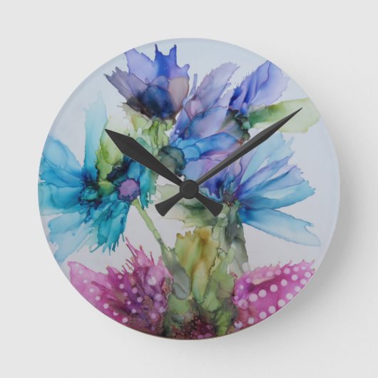 Farbenfrohe blaue Lila rosa grüne Blumenkunst Runde Wanduhr (Vorderseite)