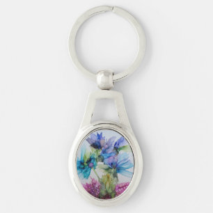 Farbenfrohe blaue Lila rosa grüne Blumenkunst Schlüsselanhänger