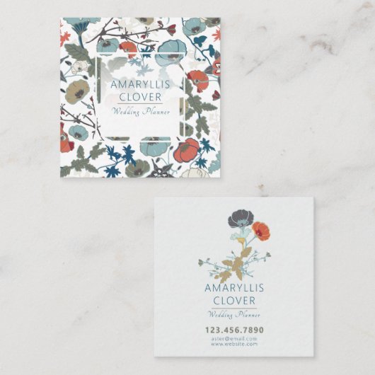 Farbenfrohe, blaue Orange Green Floral Muster Quadratische Visitenkarte (Vorne/Hinten)