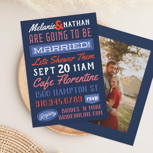 Farbenfrohe blaue Retro-Paare Polterabend Einladung