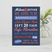 Farbenfrohe blaue Retro-Paare Polterabend Einladung (Stehend Vorderseite)