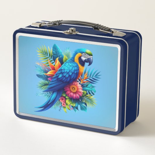 Farbenfrohe, blaue tropische Maca Metall Brotdose (Vorderseite)