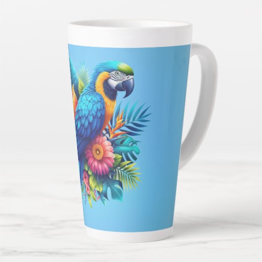 Farbenfrohe, blaue tropische Maca Milchtasse (Rechte Ecke)