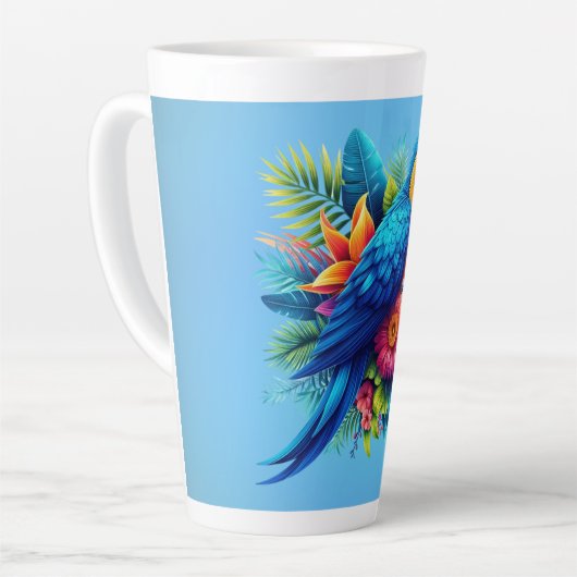 Farbenfrohe, blaue tropische Maca Milchtasse (Linke Ecke)